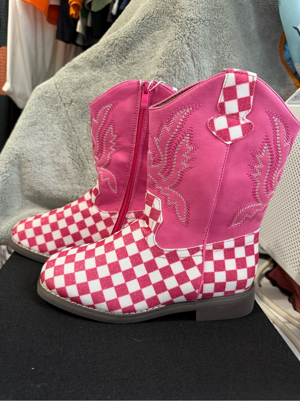 Kids Pink Checkered Cowboy Boots